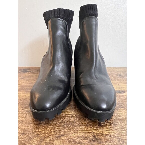 Zara Track Sole Black Sock Boot Size 38 Moto Combat Boots Slip On Heeled - Picture 8 of 16
